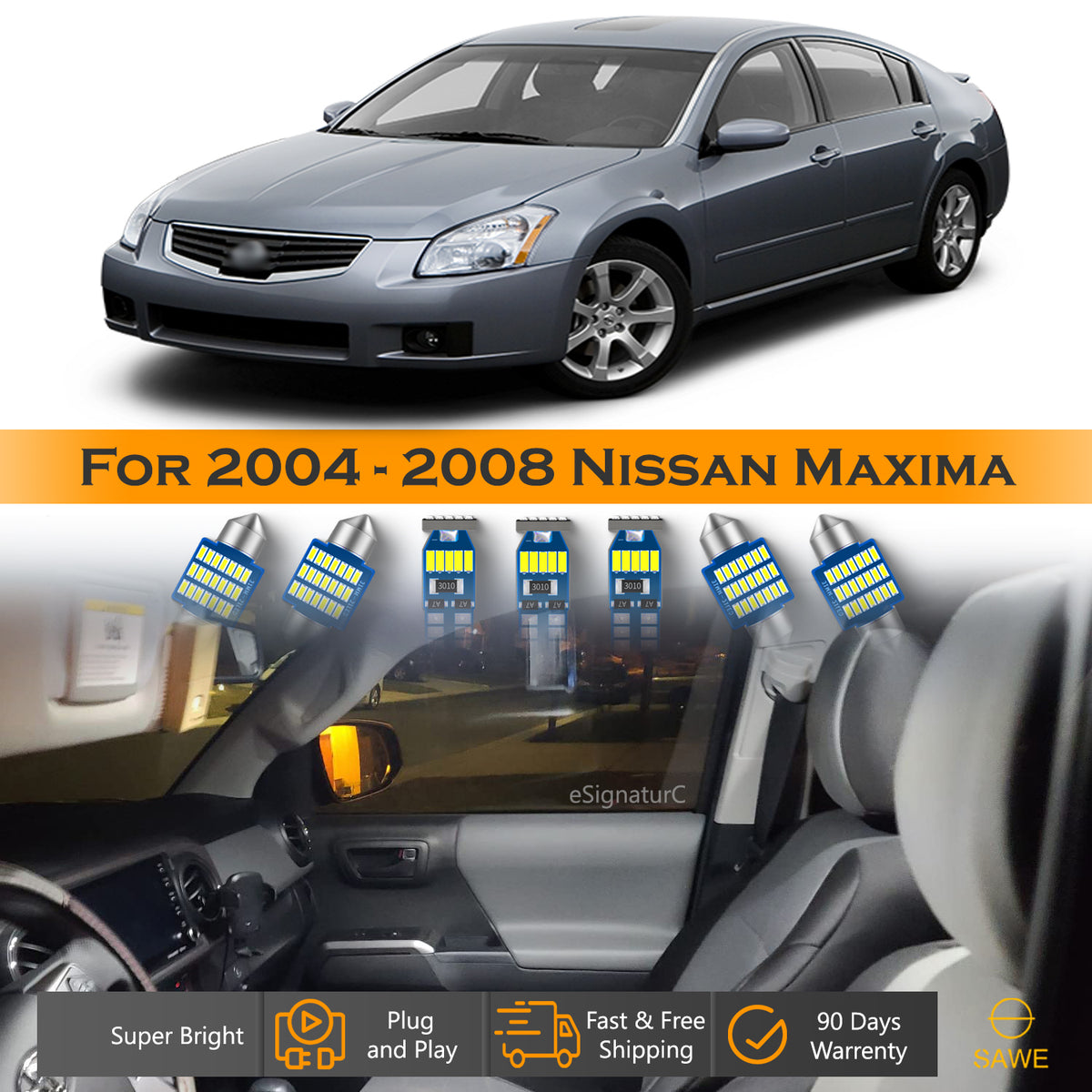 For Nissan Maxima Interior LED Lights - Dome & Map Light Bulbs Package Kit for 2004 - 2008 - White