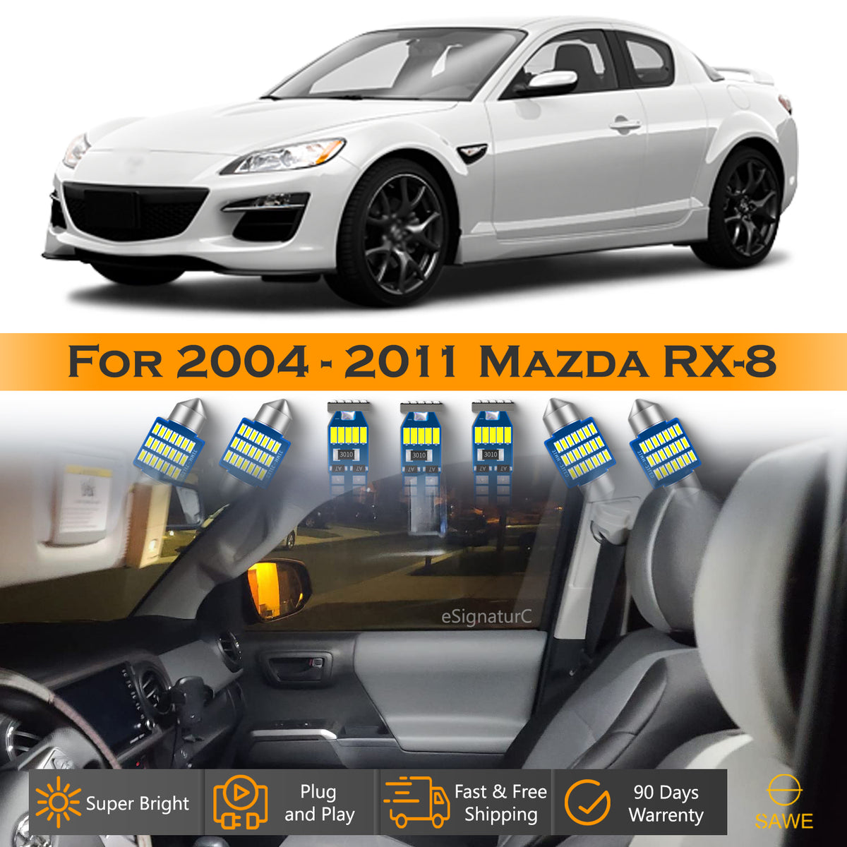 For Mazda RX8 RX-8 Interior LED Lights - Dome & Map Light Bulbs Package Kit for 2004 - 2011 - White
