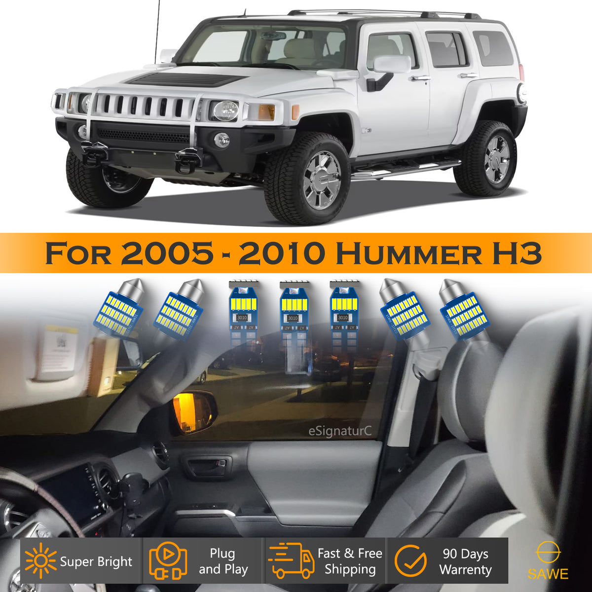 For Hummer H3 Interior LED Lights - Dome & Map Light Bulb Package Kit for 2005 - 2010 - White