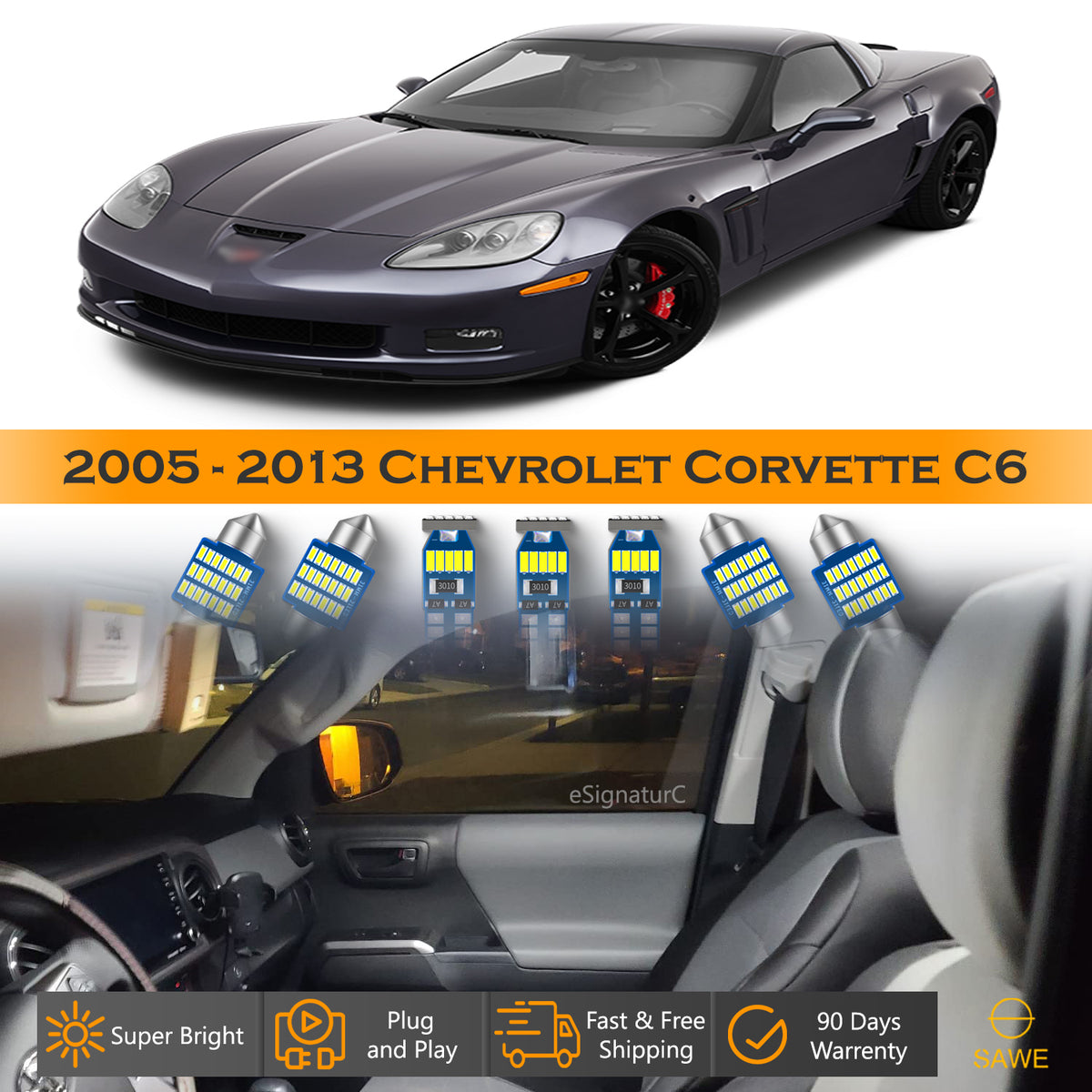 For Chevrolet Corvette C6 Interior LED Lights - Dome & Map Lights Package Kit for 2005 - 2013 - White