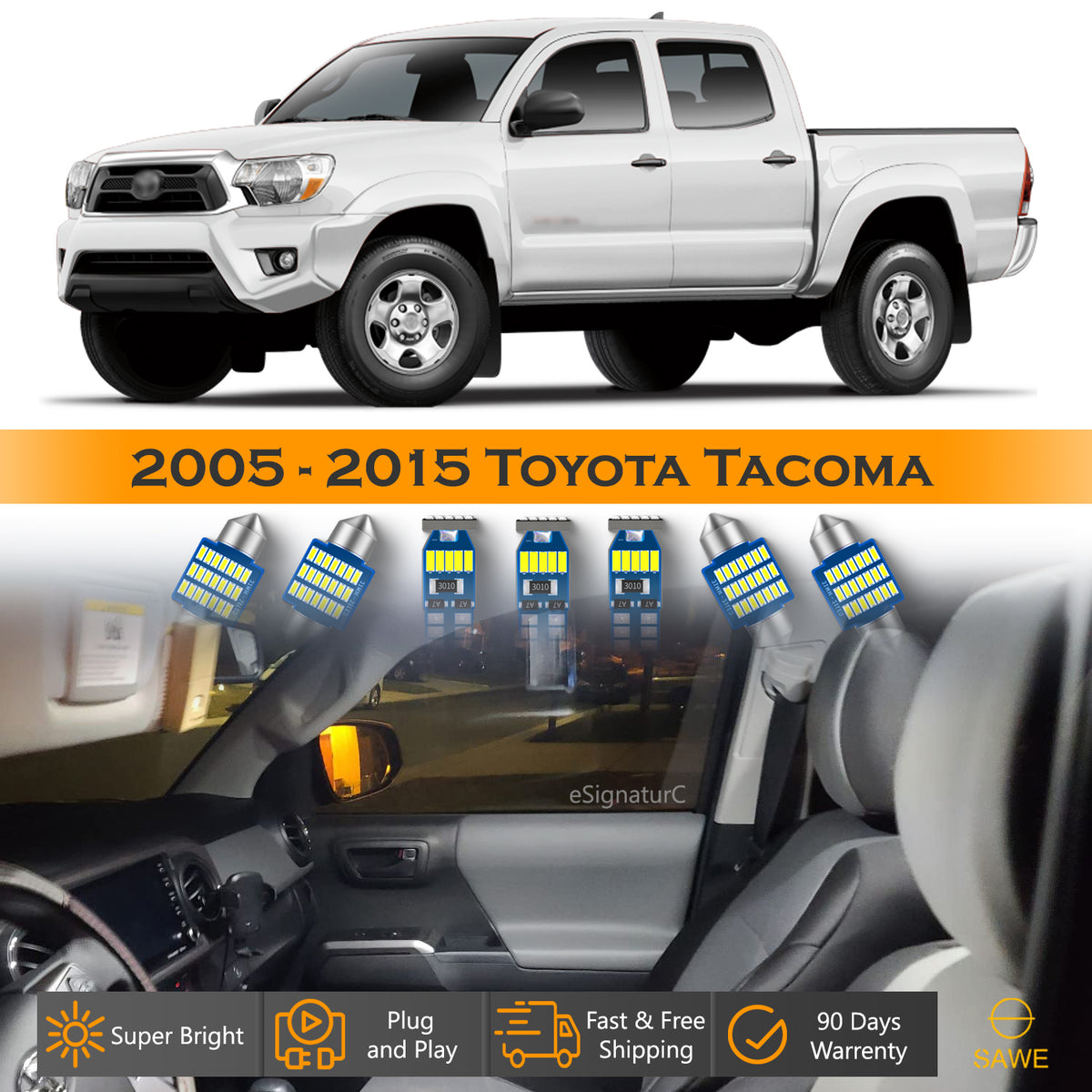 For Toyota Tacoma Interior LED Lights - Dome & Map Lights Package Kit for 2005 - 2015 - White