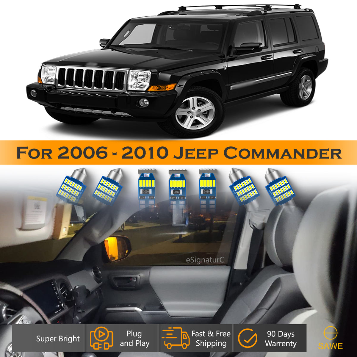For Jeep Commander Interior LED Lights - Dome & Map Light Bulbs Package Kit for 2006 - 2010 - White