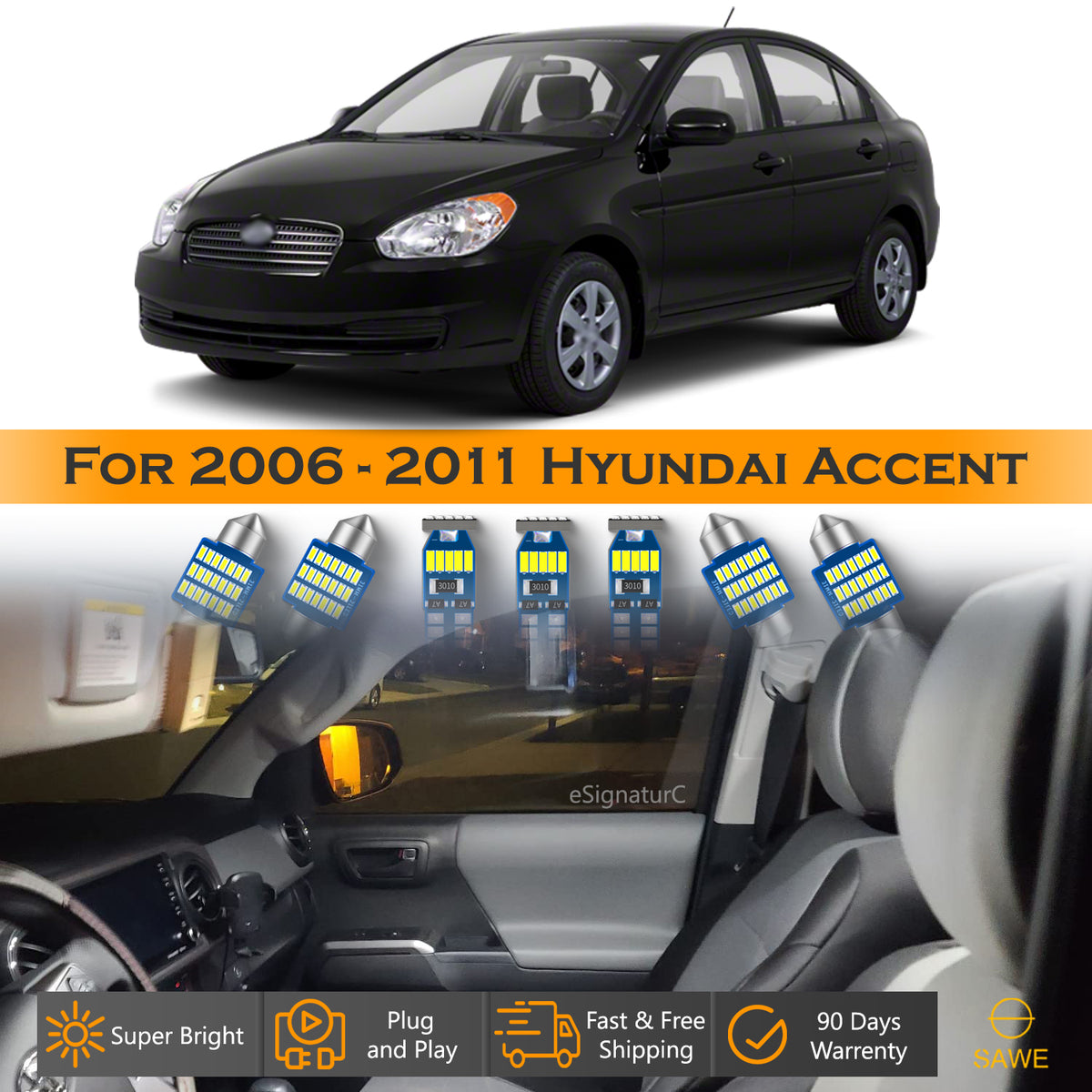 For Hyundai Accent Interior LED Lights - Dome & Map Light Bulbs Package Kit for 2006 - 2011 - White