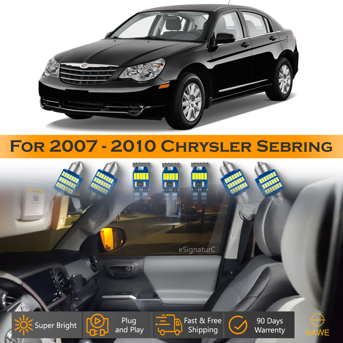For Chrysler Sebring Interior LED Lights - Dome & Map Light Bulbs Package Kit for 2007 - 2010 - White