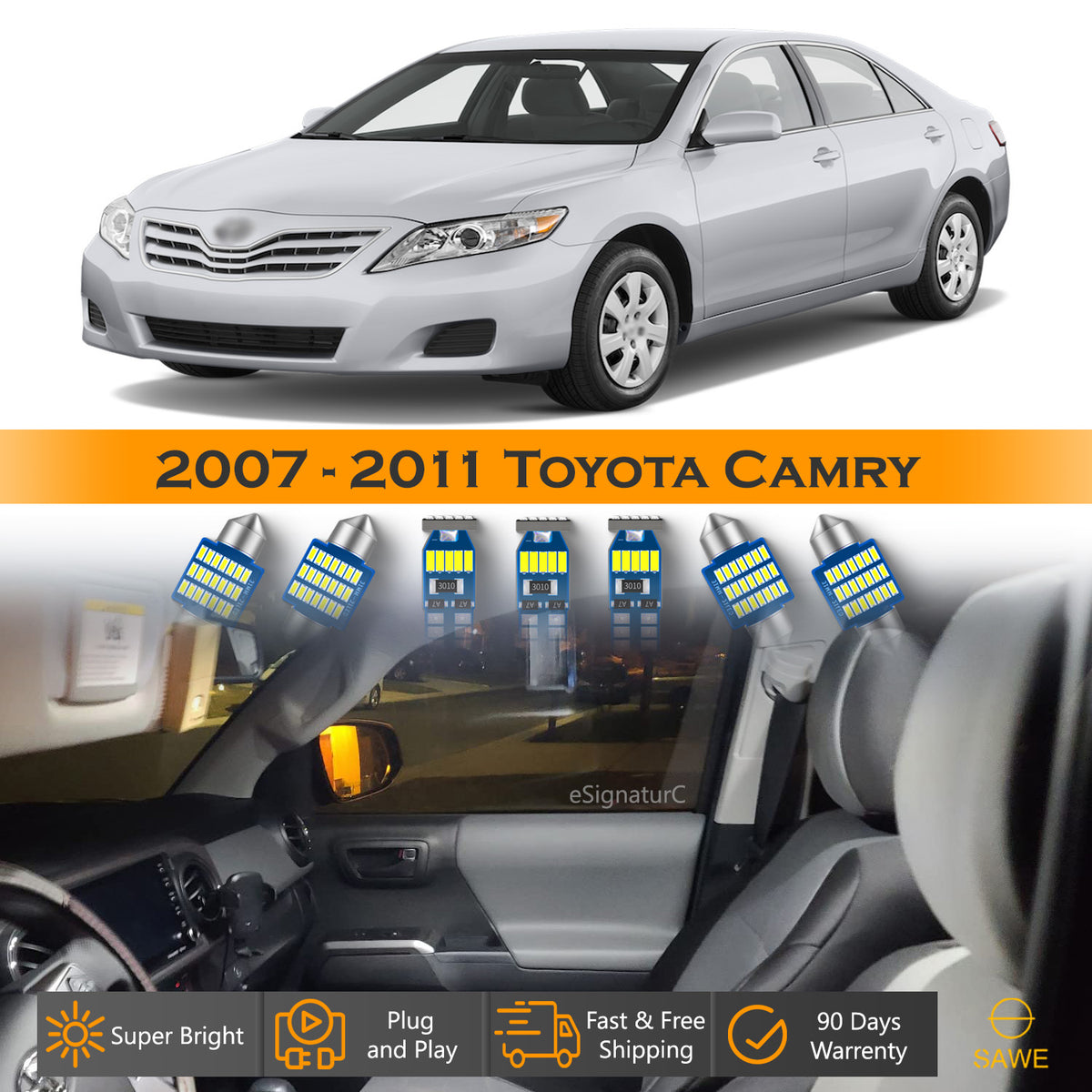 For Toyota Camry Interior LED Lights - Dome & Map Lights Package Kit for 2007 - 2011 - White