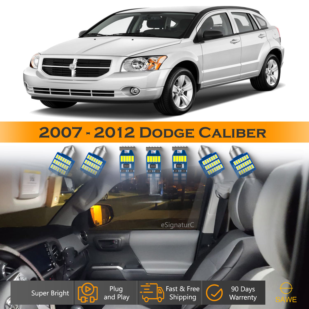 For Dodge Caliber Interior LED Lights - Dome & Map Lights Package Kit for 2007 - 2012 - White