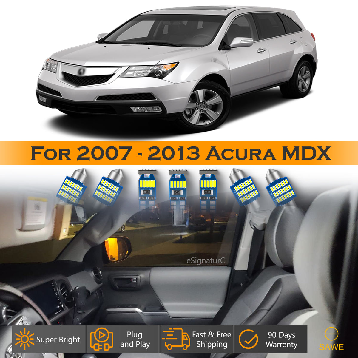 For Acura MDX Interior LED Lights - Dome & Map Light Bulbs Package Kit for 2007 - 2013 - White
