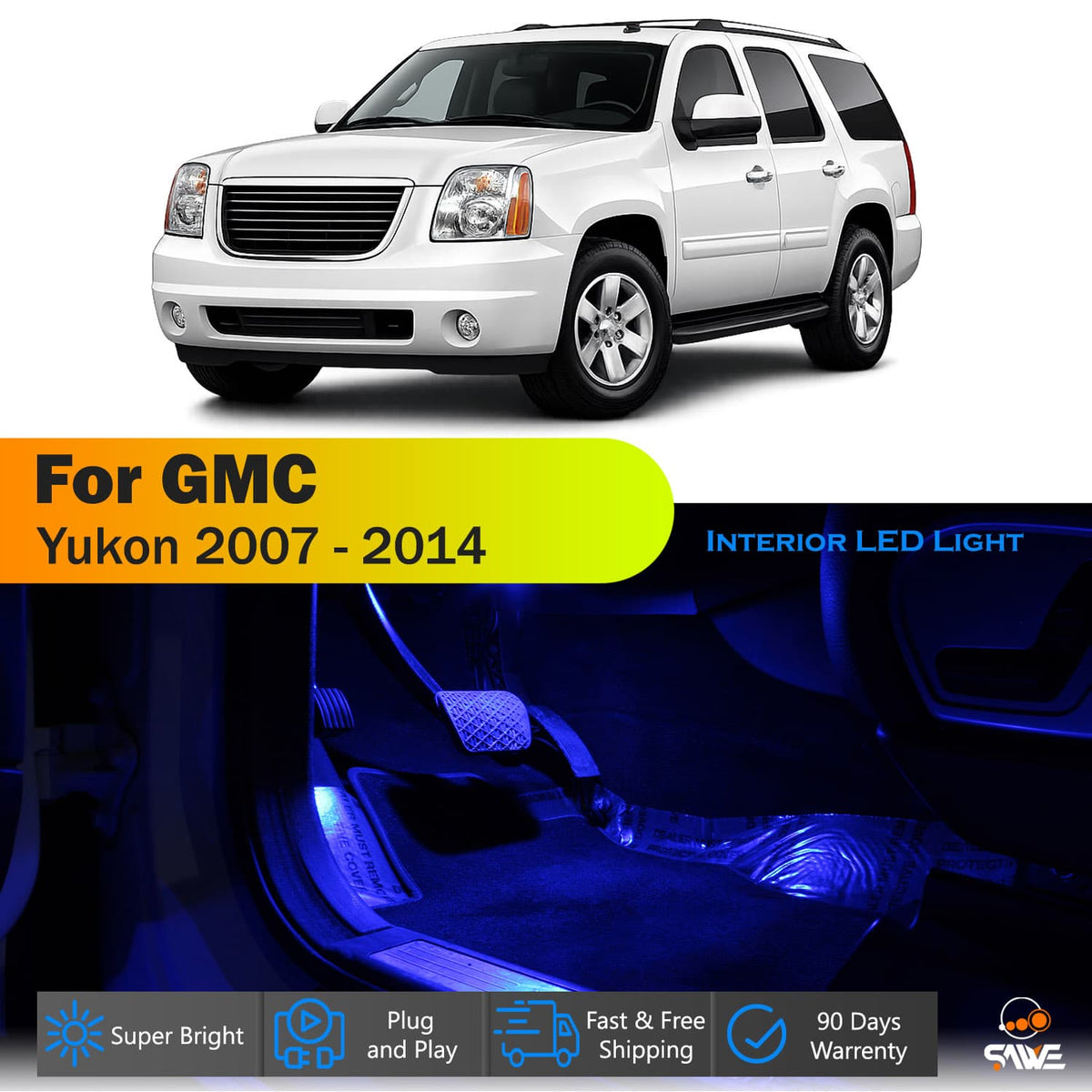 SAWE For GMC Yukon Interior LED Lights Bulb Replacement Kit (2007 - 2014) – Dome, Map, Trunk, License Plate – Red | Green | Ice Blue | Pink | Blue Upgrade Kit (14 Bulbs) SAWE Lighting