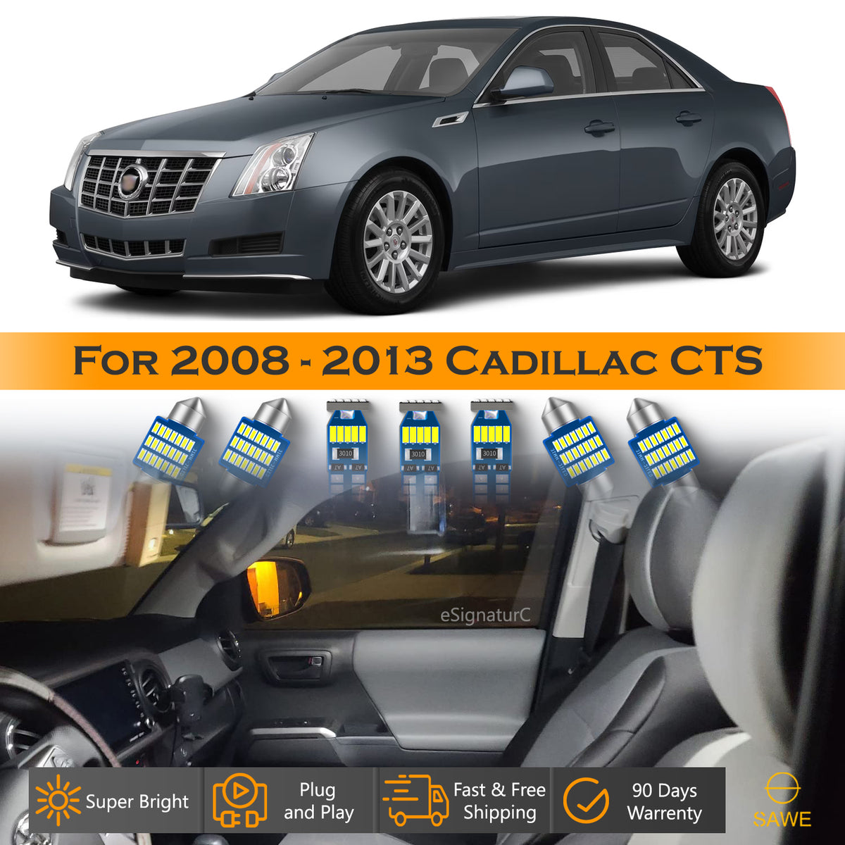 For Cadillac CTS Interior LED Lights - Dome & Map Light Bulbs Package Kit for 2008 - 2013 - White