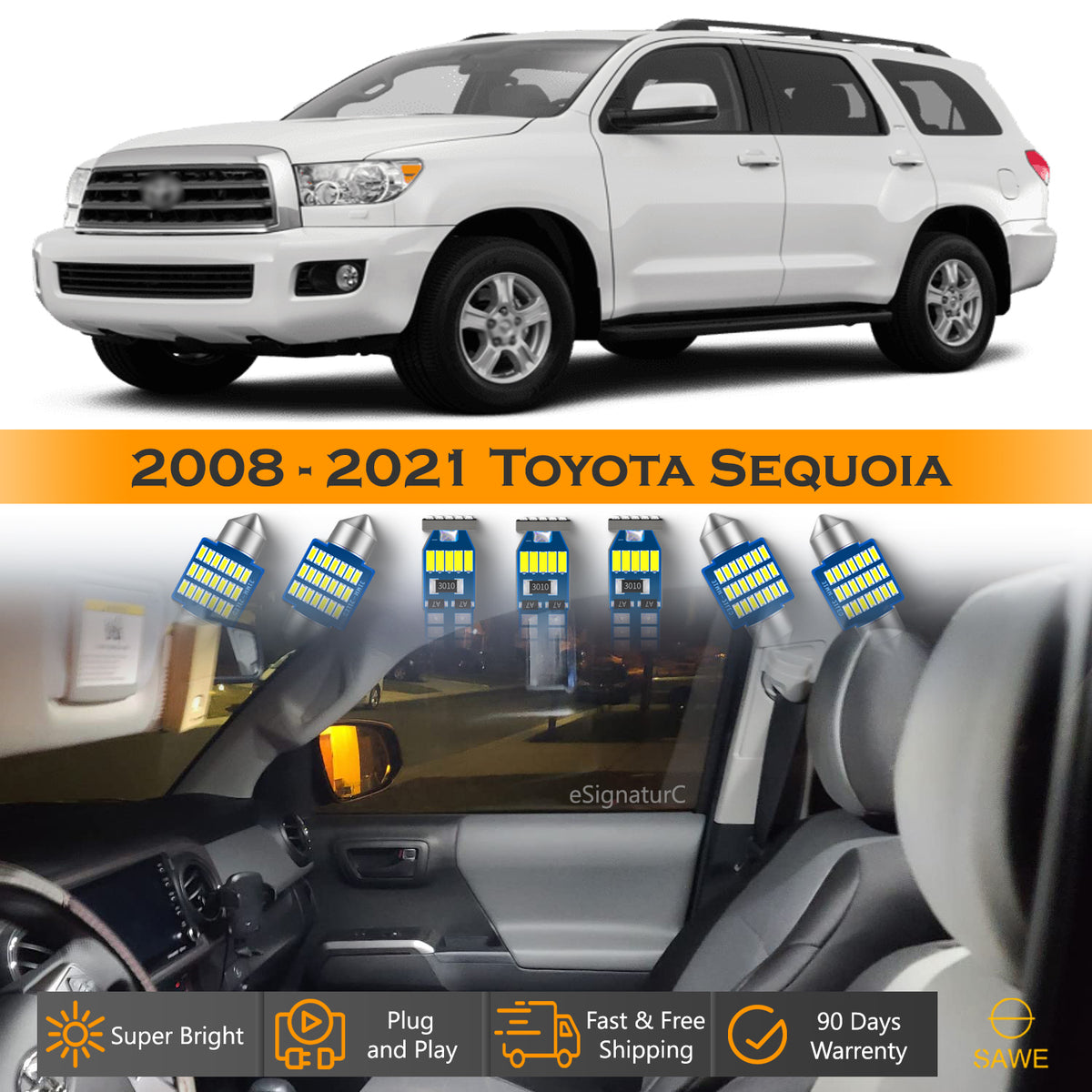 For Toyota Sequoia Interior LED Lights - Dome & Map Lights Package Kit for 2008 - 2022 - White