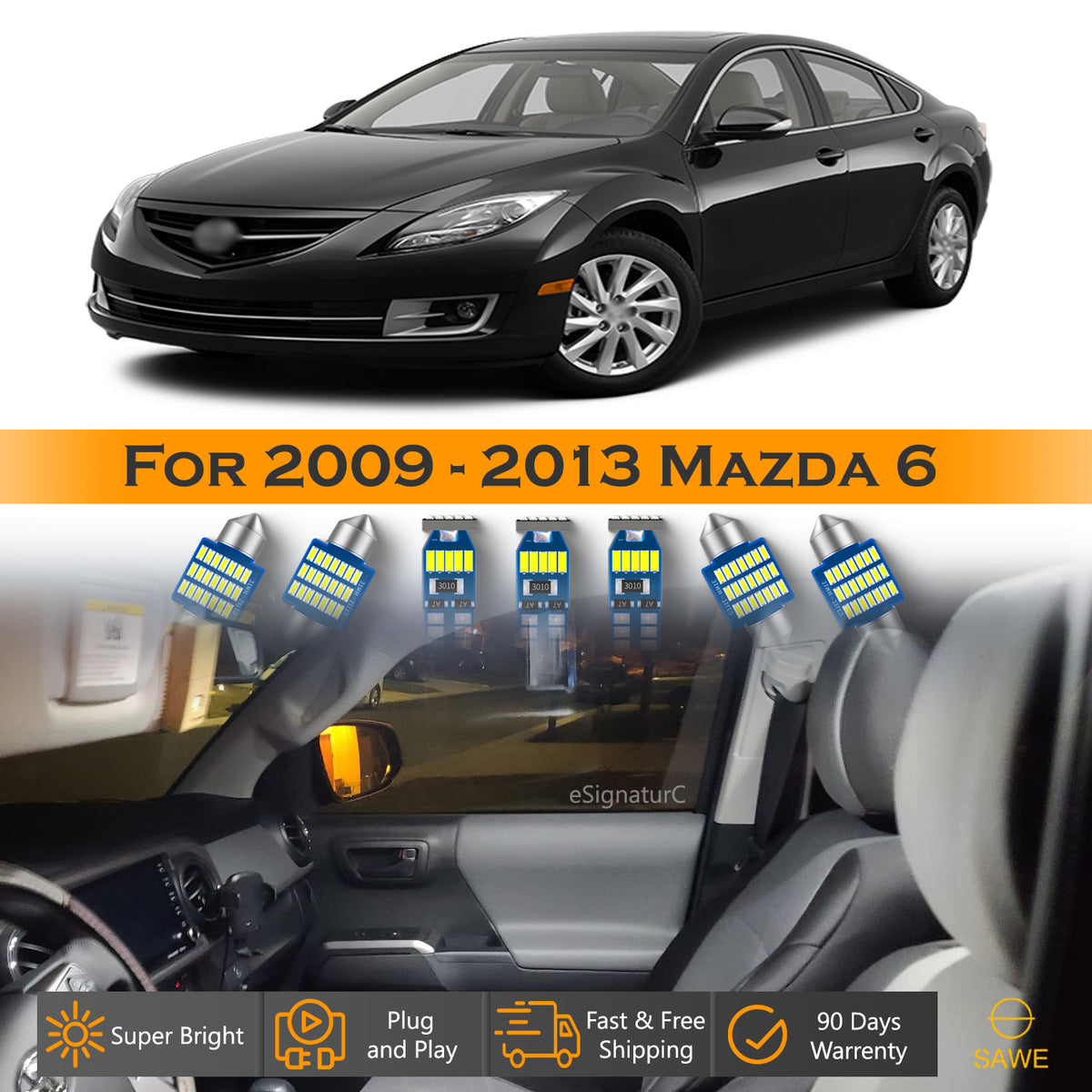 For Mazda 6 Interior LED Lights - Dome & Map Light Bulbs Package Kit for 2009 - 2013 - White