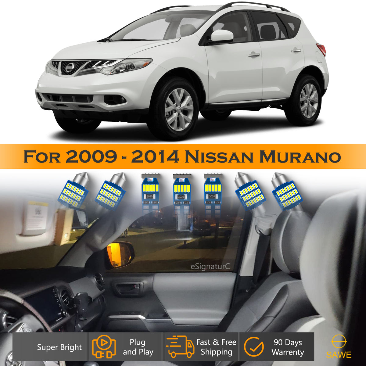For Nissan Murano Interior LED Lights - Dome & Map Light Bulbs Package Kit for 2009 - 2014 - White