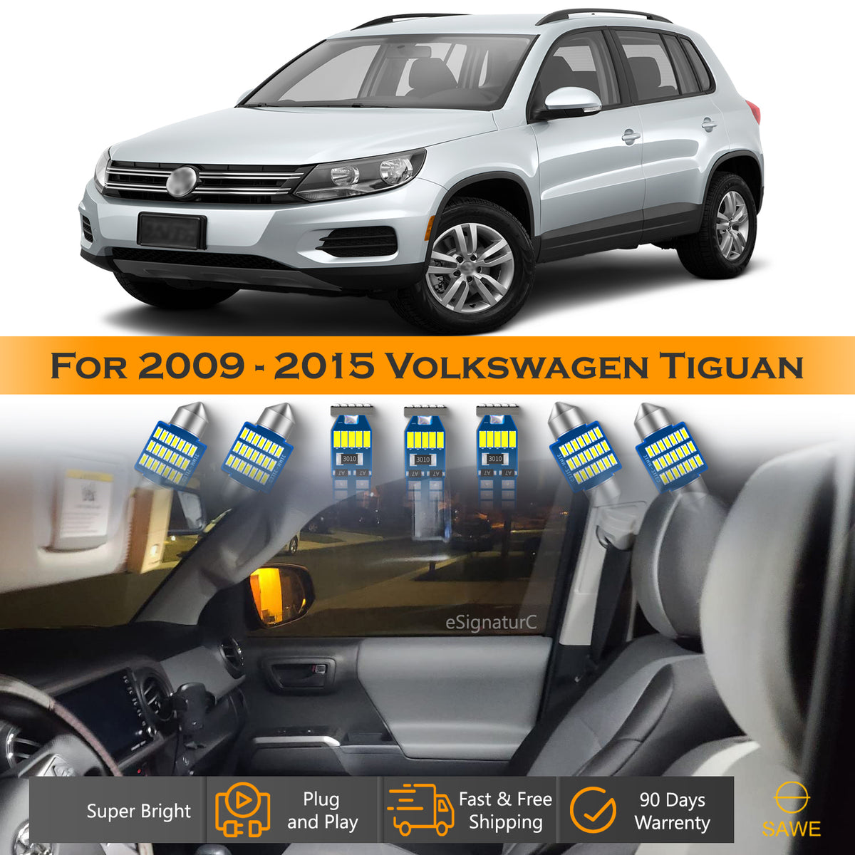 For Volkswagen Tiguan Interior LED Lights - Dome & Map Light Bulbs Package Kit for 2009 - 2015 - White