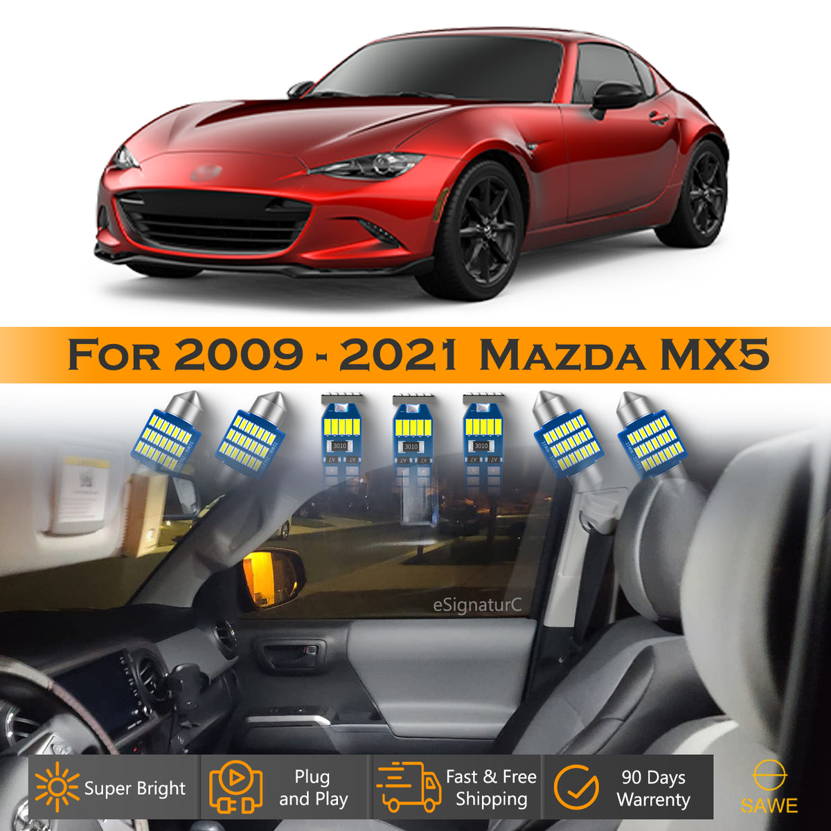 For Mazda MX5 Miata Interior LED Lights - Dome & Map Light Bulbs Package Kit for 2009 - 2021 - White
