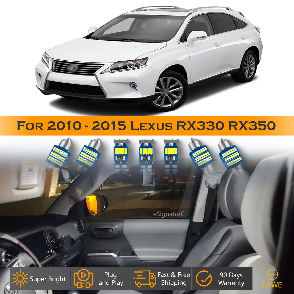 For Lexus RX350 RX450h Interior LED Lights - Dome & Map Light Bulbs Package Kit for 2010 - 2015 - White