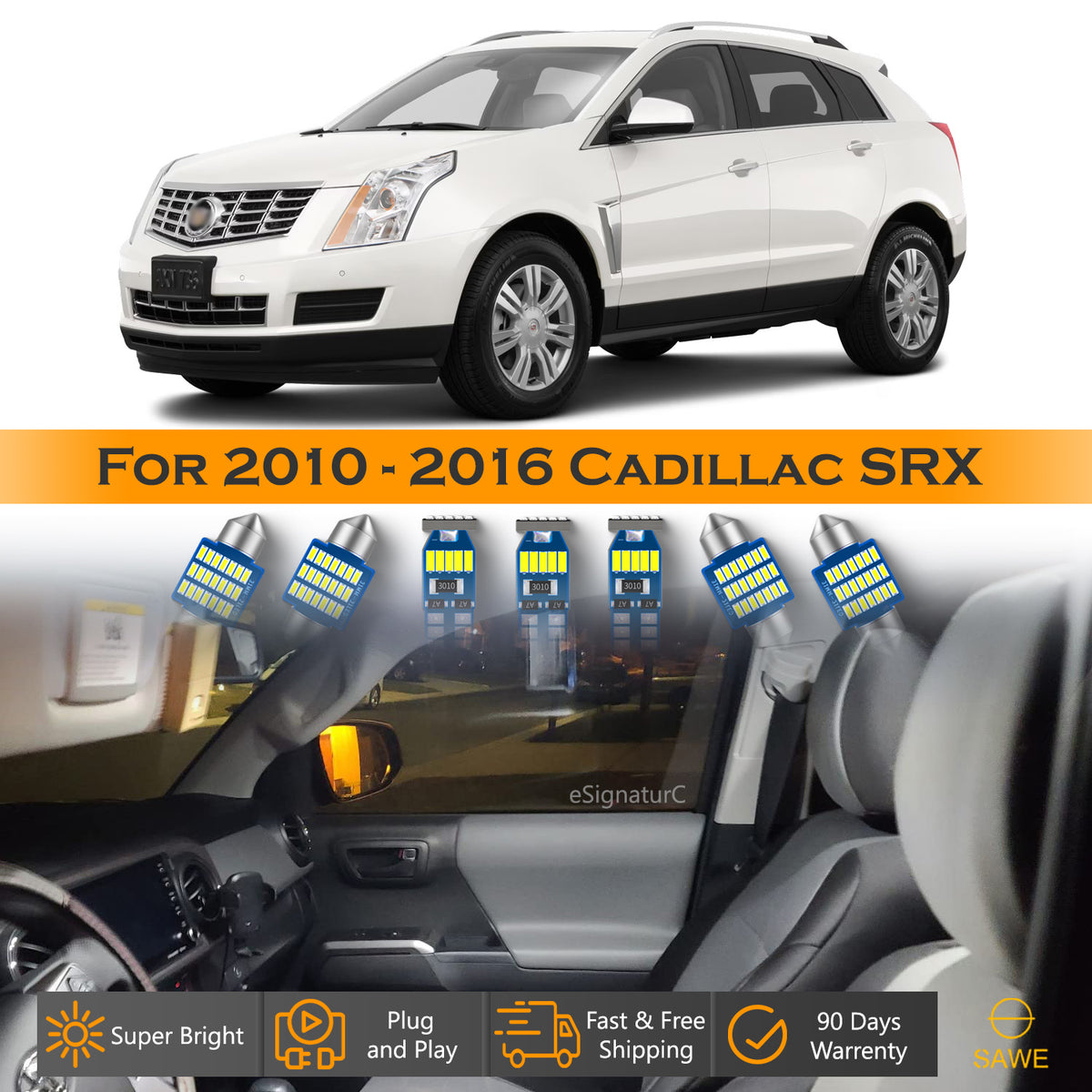 For Cadillac SRX Interior LED Lights - Dome & Map Light Bulbs Package Kit for 2010 - 2016 - White