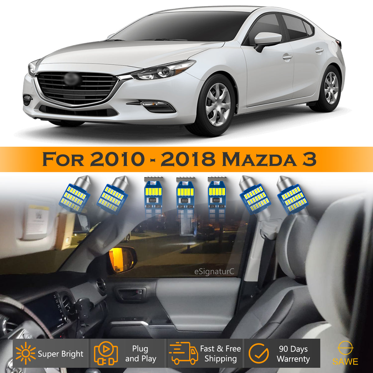 For Mazda 3 Interior LED Lights - Dome & Map Light Bulbs Package Kit for 2010 - 2018 - White