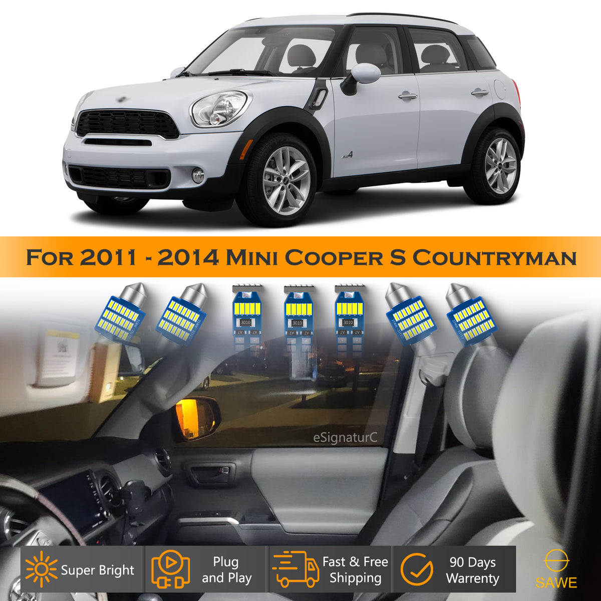 For Mini Cooper Countryman Interior LED Lights - Dome & Map Light Bulb Package Kit for 2011 - 2014 - White