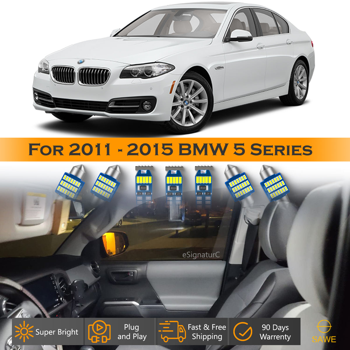 For BMW 535 550 F10 5 Series Interior LED Lights - Dome & Map Light Bulb Package Kit for 2011 - 2015 - White