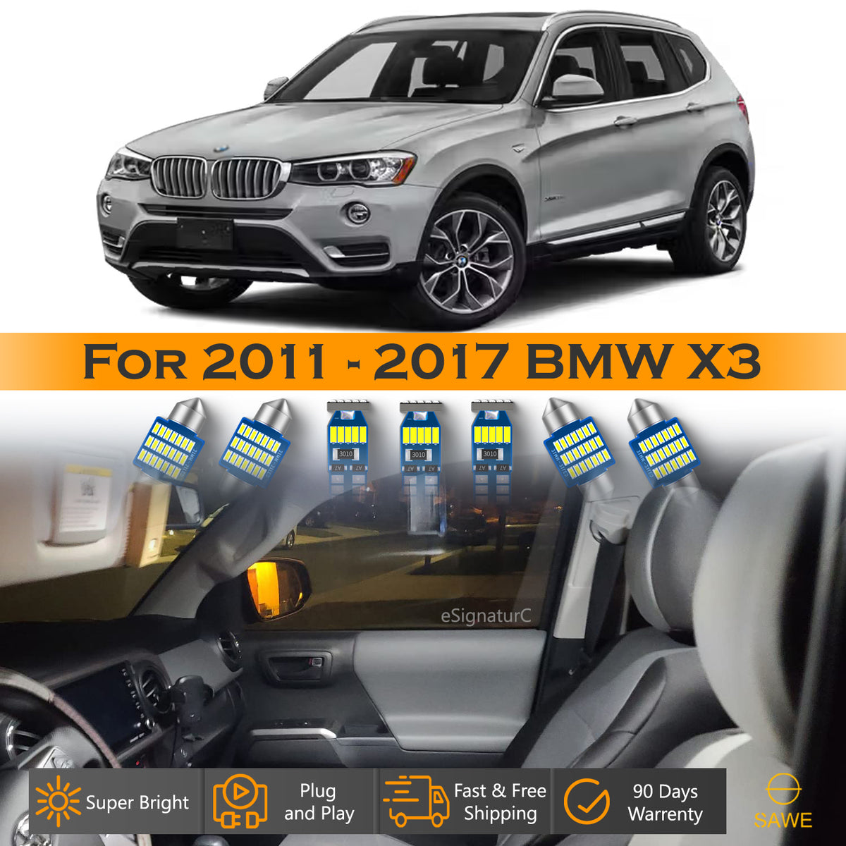 For BMW X3 F25 Interior LED Lights - Dome & Map Light Bulb Package Kit for 2011 - 2017 - White