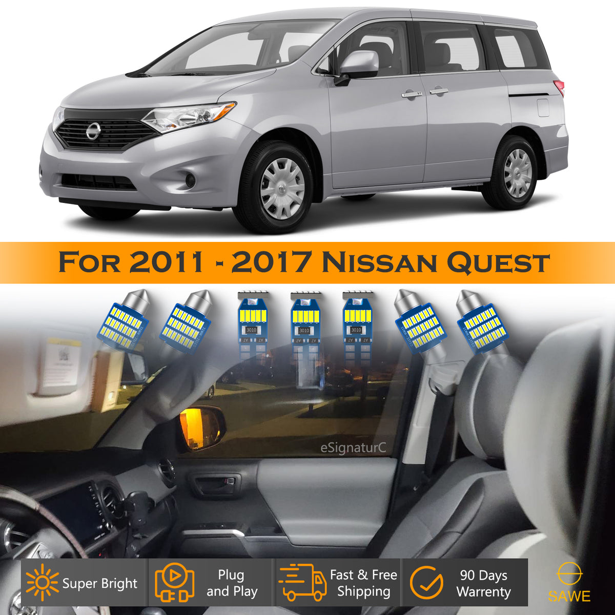 For Nissan Quest Interior LED Lights - Dome & Map Light Bulbs Package Kit for 2011 - 2017 - White