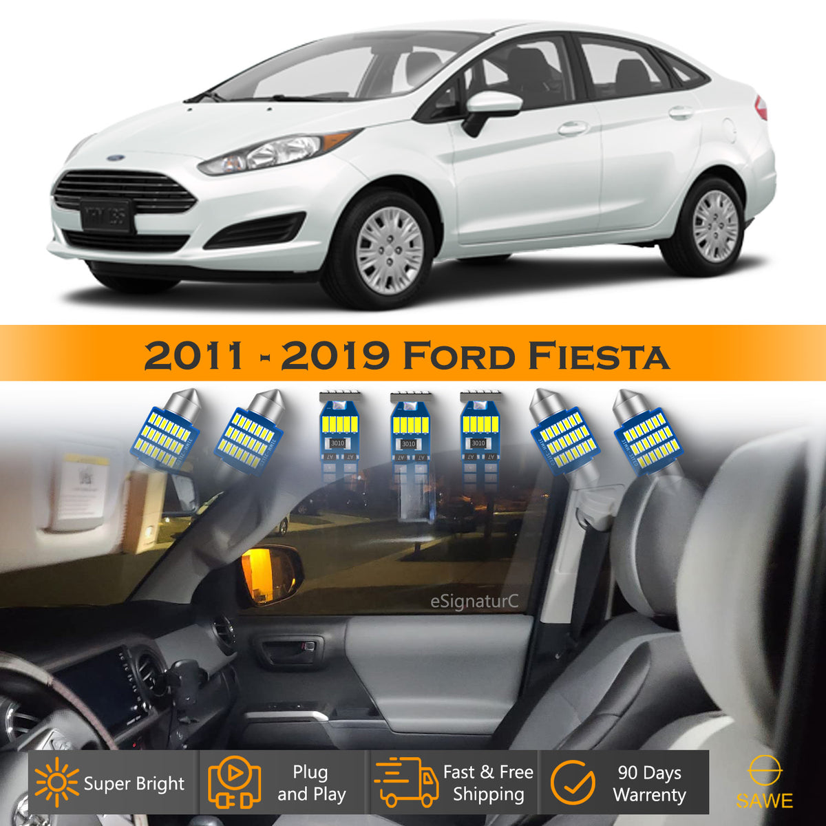 For Ford Fiesta Interior LED Lights - Dome & Map Light Bulbs Package Kit for 2011 - 2019 - White