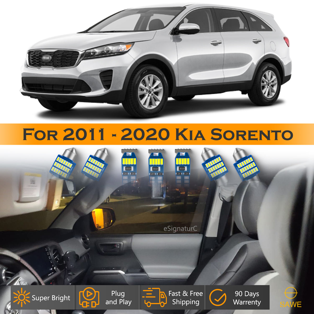 For Kia Sorento Interior LED Lights - Dome & Map Light Bulbs Package Kit for 2011 - 2020 - White