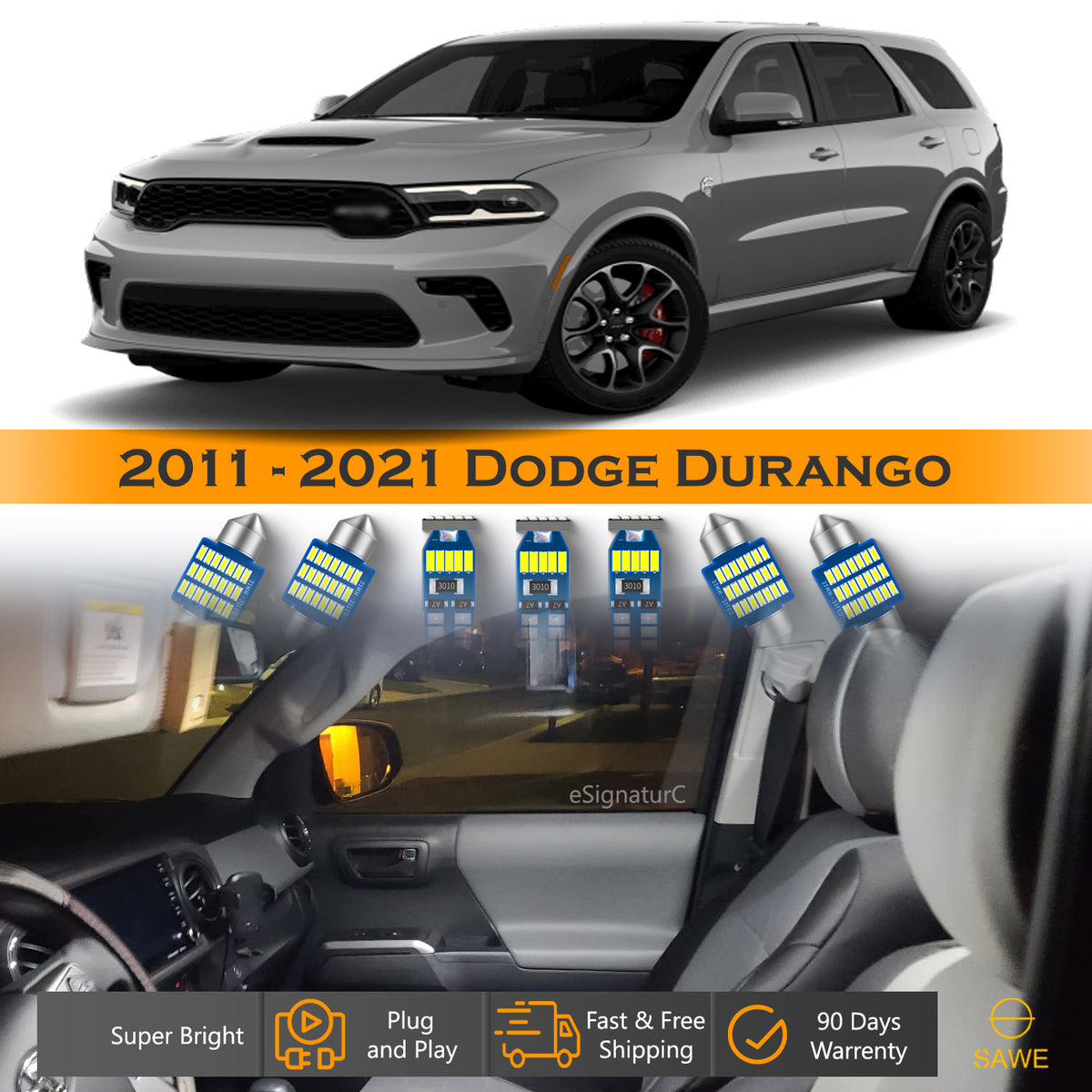 For Dodge Durango Interior LED Lights - Dome & Map Lights Package Kit for 2011 - 2021 - White