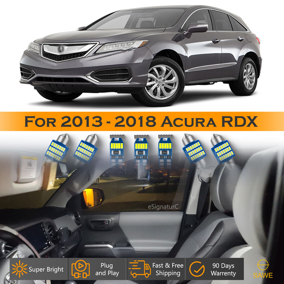 For Acura RDX Interior LED Lights - Dome & Map Light Bulbs Package Kit for 2013 - 2018 - White