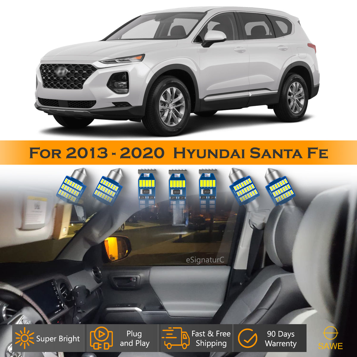 For Hyundai Santa Fe Interior LED Lights - Dome & Map Light Bulbs Package Kit for 2013 - 2020 - White