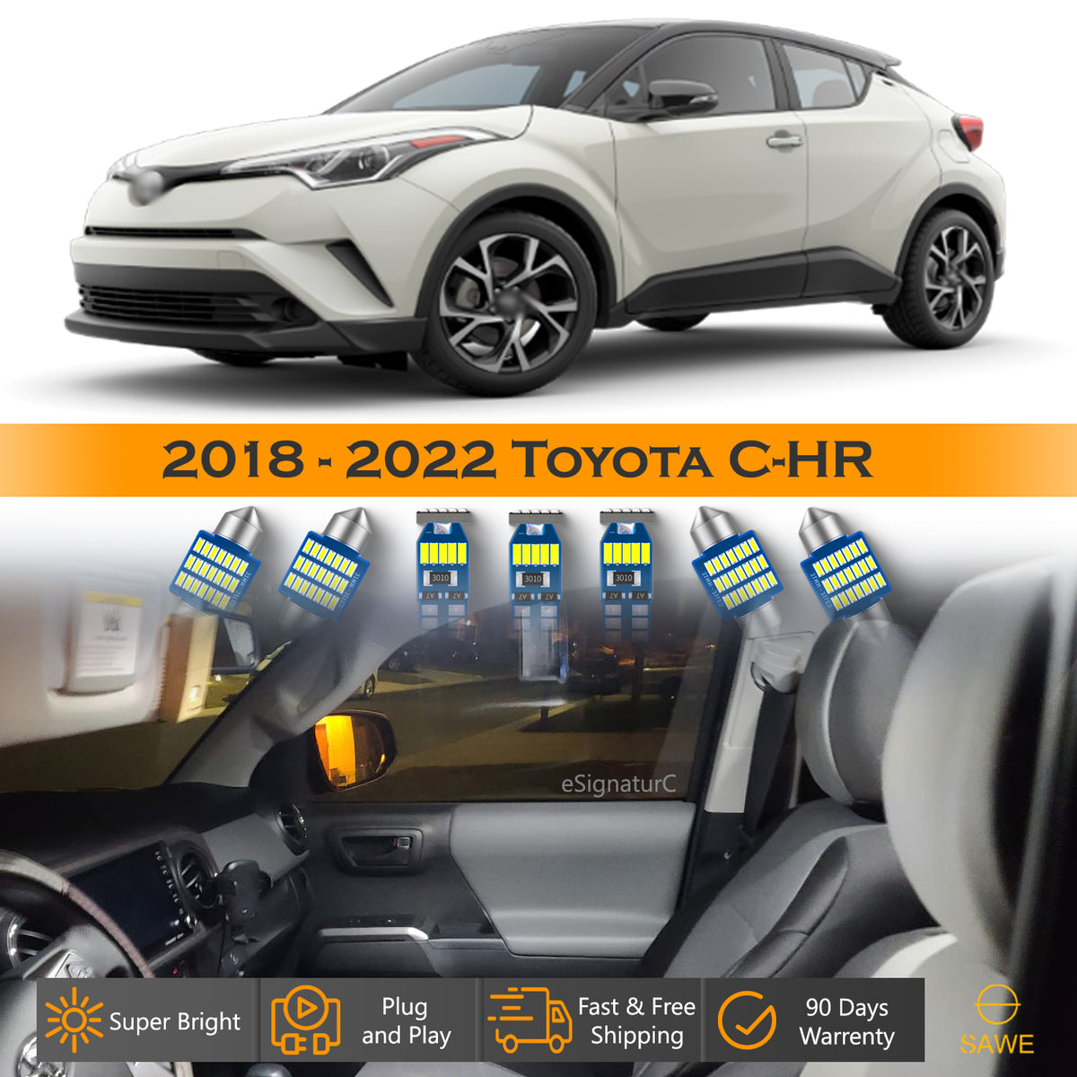 For Toyota CHR Interior LED Lights - Dome & Map Lights Package Kit for 2018 - 2022 - White