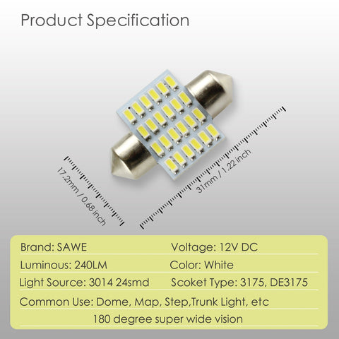 SAWE ® 31MM LED Interior Bulbs for Truck Map Dome Festoon Light 24SMD DE3022 DE3175 - White SAWE Lighting