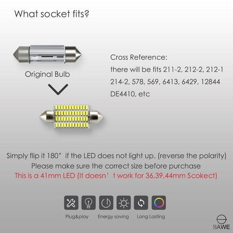 SAWE ® 578 211-2 212-2 41mm 42mm LED Bulb 3014 48SMD Interior Dome Map Door Courtesy Trunk Cargo Lights - 6000K White SAWE Lighting