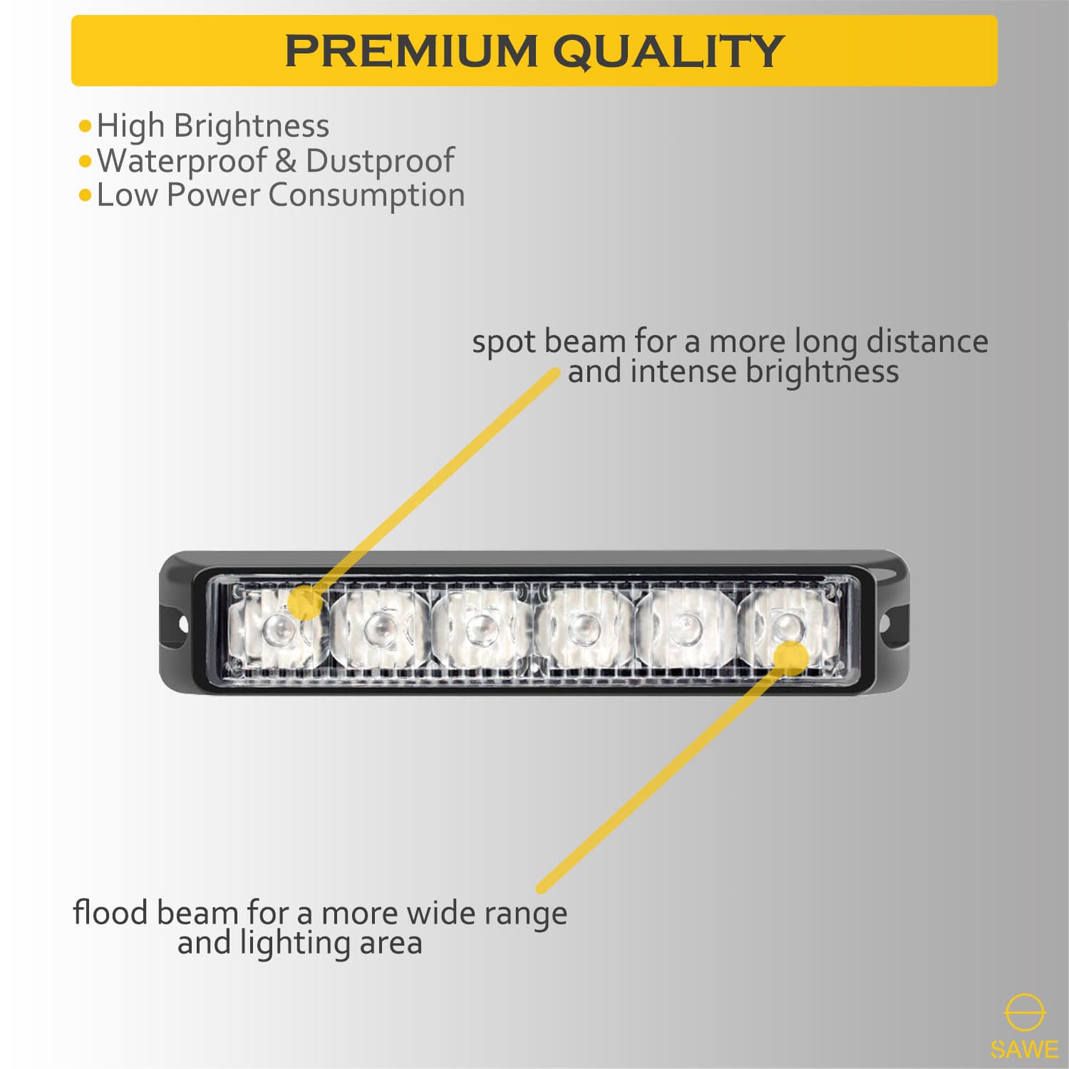 Premier Emergency LED Strobe Lights Bar for Offroad Car Truck Warning Hazard Flash Grille and Surface Mount Light - Amber White 6-LED