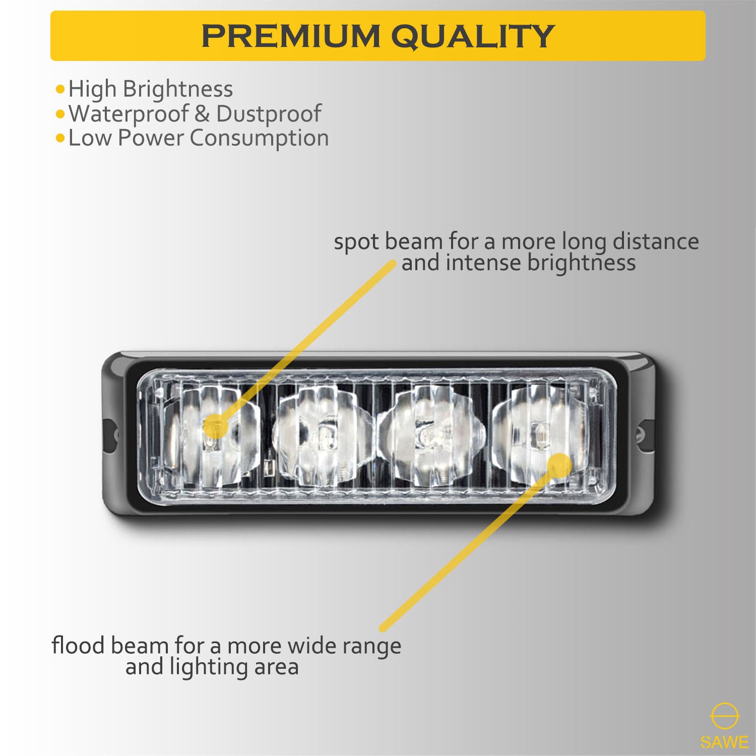 Premier Emergency LED Strobe Lights Bar for Offroad Car Truck Warning Hazard Flash Grille and Surface Mount Light - White 4-LED