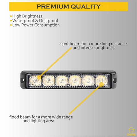 Premier Emergency LED Strobe Lights Bar for Offroad Car Truck Warning Hazard Flash Grille and Surface Mount Light - Amber 6-LED SAWE Lighting