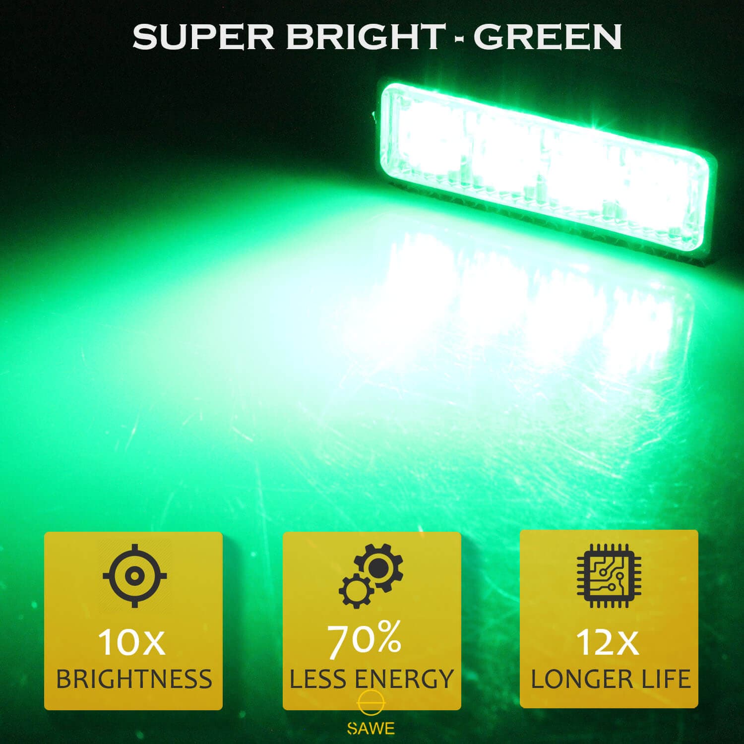 Premier Emergency LED Strobe Lights Bar for Offroad Car Truck Warning Hazard Flash Grille and Surface Mount Light - Green 4-LED