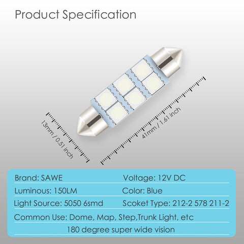 SAWE ® 578 211-2 212-2 41mm 42mm LED Light Bulb 5050 6SMD Interior Dome Map Door Courtesy Trunk Lights - Blue SAWE Lighting