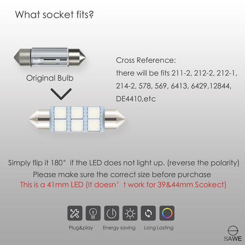 SAWE ® 578 211-2 212-2 41mm 42mm LED Light Bulb 5050 6SMD Interior Dome Map Door Courtesy Trunk Lights - Blue SAWE Lighting