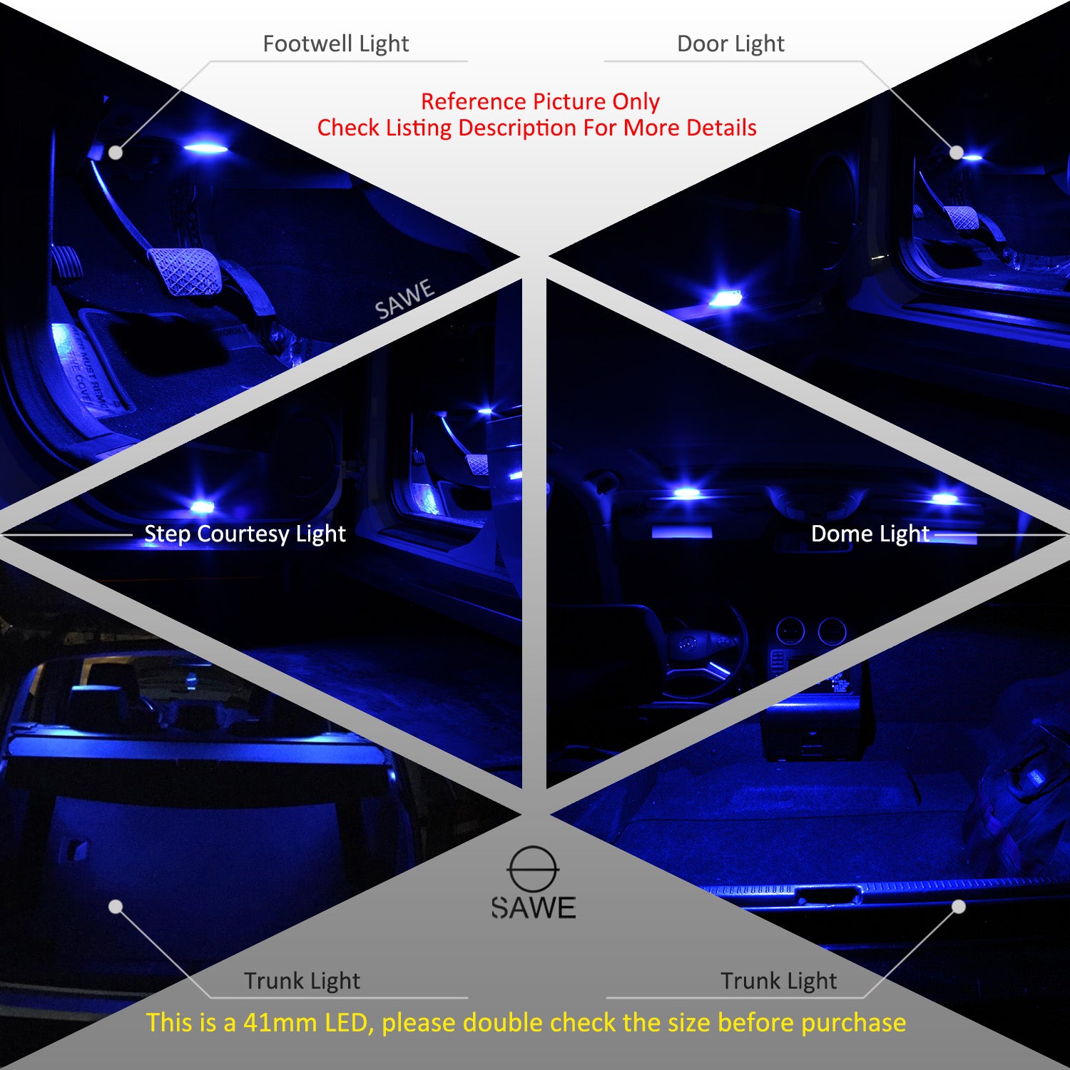 SAWE ® 578 211-2 212-2 41mm 42mm LED Light Bulb 5050 6SMD Interior Dome Map Door Courtesy Trunk Lights - Blue