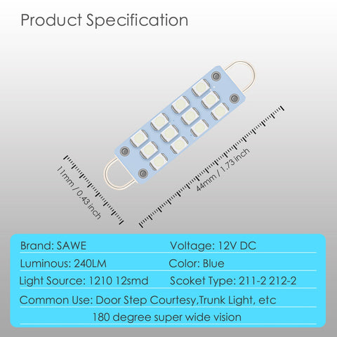 SAWE ®  561 563 567 211-2 212-2 LED Bulb Festoon 44mm 12smd Rigid Loop Interior Door Trunk LED Lights - Blue SAWE Lighting