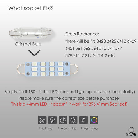 SAWE ®  561 563 567 211-2 212-2 LED Bulb Festoon 44mm 12smd Rigid Loop Interior Door Trunk LED Lights - Blue SAWE Lighting