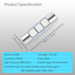 SAWE ® 28mm 3SMD T6 6641 LED Bulbs Sun Visor Vanity Mirror Fuse Lights - Blue