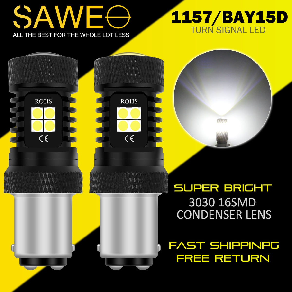 SAWE ® 1157 BAY15D Canbus 16-SMD LED Tail Brake Stop Turn Signal Parking Light Bulbs - 6000K White