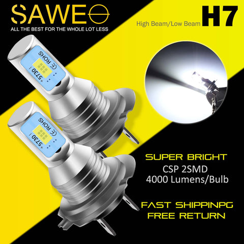 H7 CSP LED Headlights Bulbs High Low Beam Fog Light Canbus - 6000K White SAWE Lighting