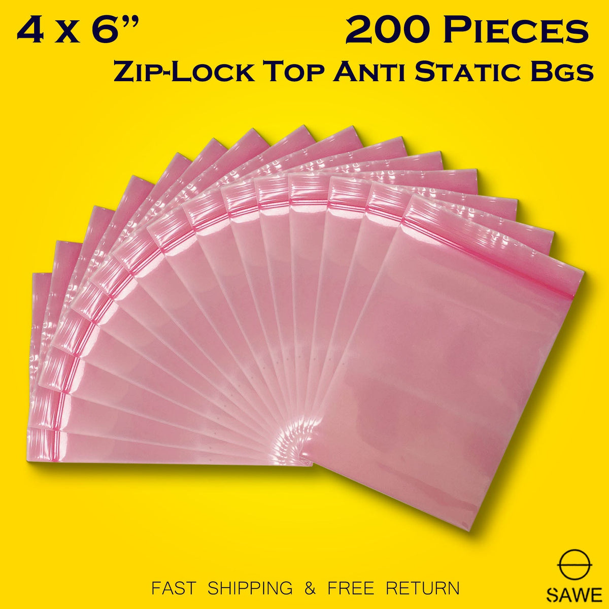 Pink Anti Static Shielding ESD Bags 4 x 6" Inch Zip Lock Resealable for Varieties of Electronic Device 4 Mil SAWE Lighting