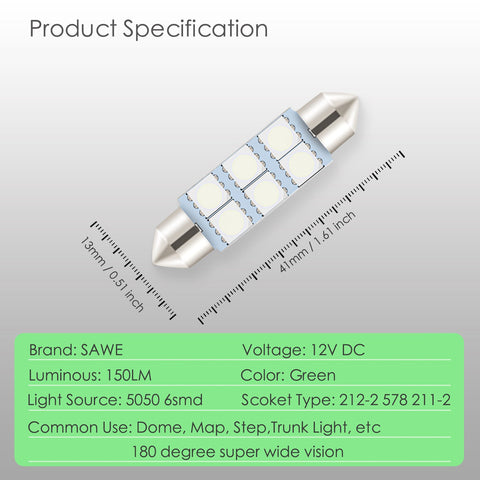 SAWE ® 578 211-2 212-2 41mm 42mm LED Light Bulb 5050 6SMD Interior Dome Map Door Courtesy Trunk Lights - Green SAWE Lighting