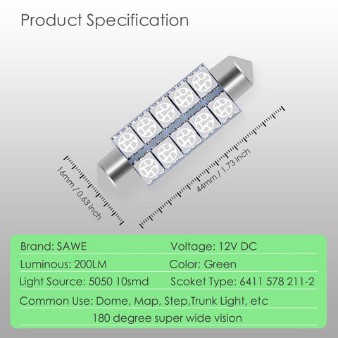 SAWE ® 578 211-2 212-2 44mm LED Bulb 5050 10SMD Interior Dome Map Door Courtesy Light Trunk Lights - Green SAWE Lighting