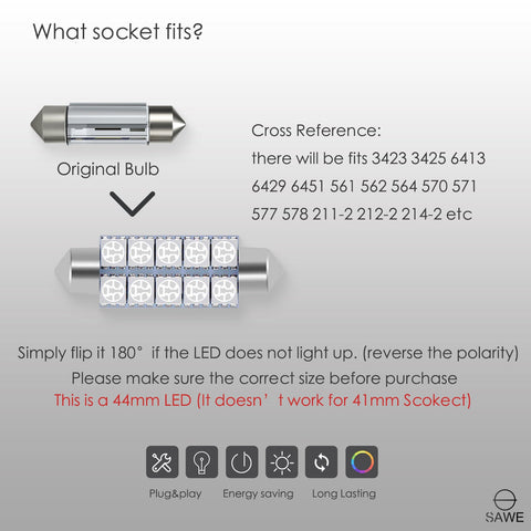 SAWE ® 578 211-2 212-2 44mm LED Bulb 5050 10SMD Interior Dome Map Door Courtesy Light Trunk Lights - Green SAWE Lighting