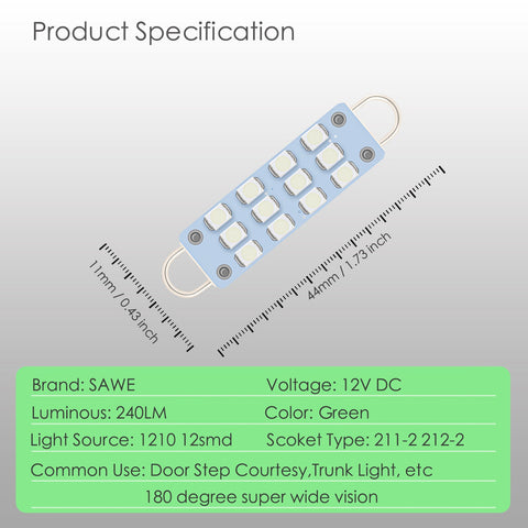 SAWE ®  561 563 567 211-2 212-2 LED Bulb Festoon 44mm 12smd Rigid Loop Interior Door Trunk LED Lights - Green SAWE Lighting